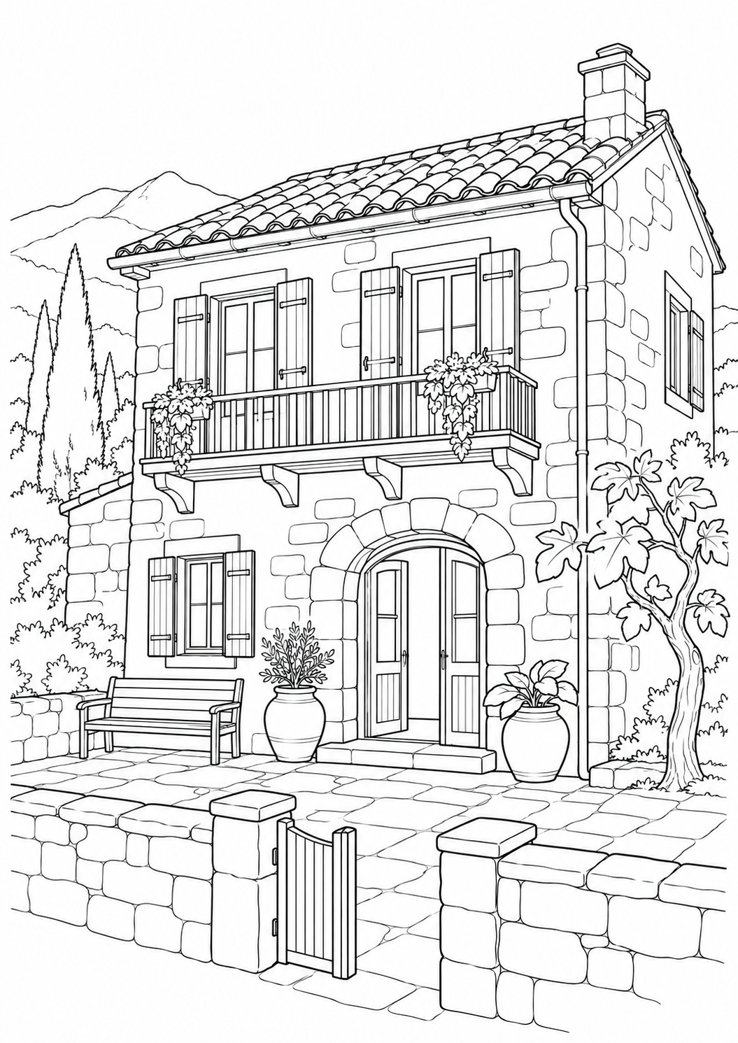 Houses & Cottages — black and white colouring pages