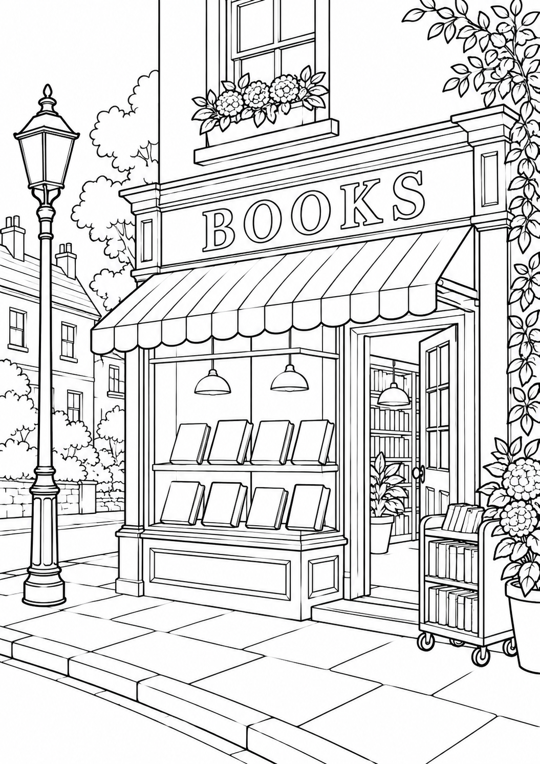 Shopfronts — black and white colouring pages